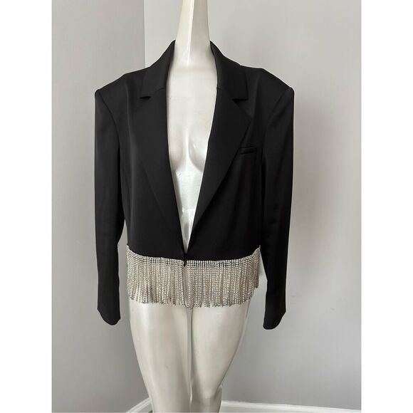 NWOT Alice + Olivia Shan Cropped Fringe Blazer in Black $795 - Picture 6 of 11